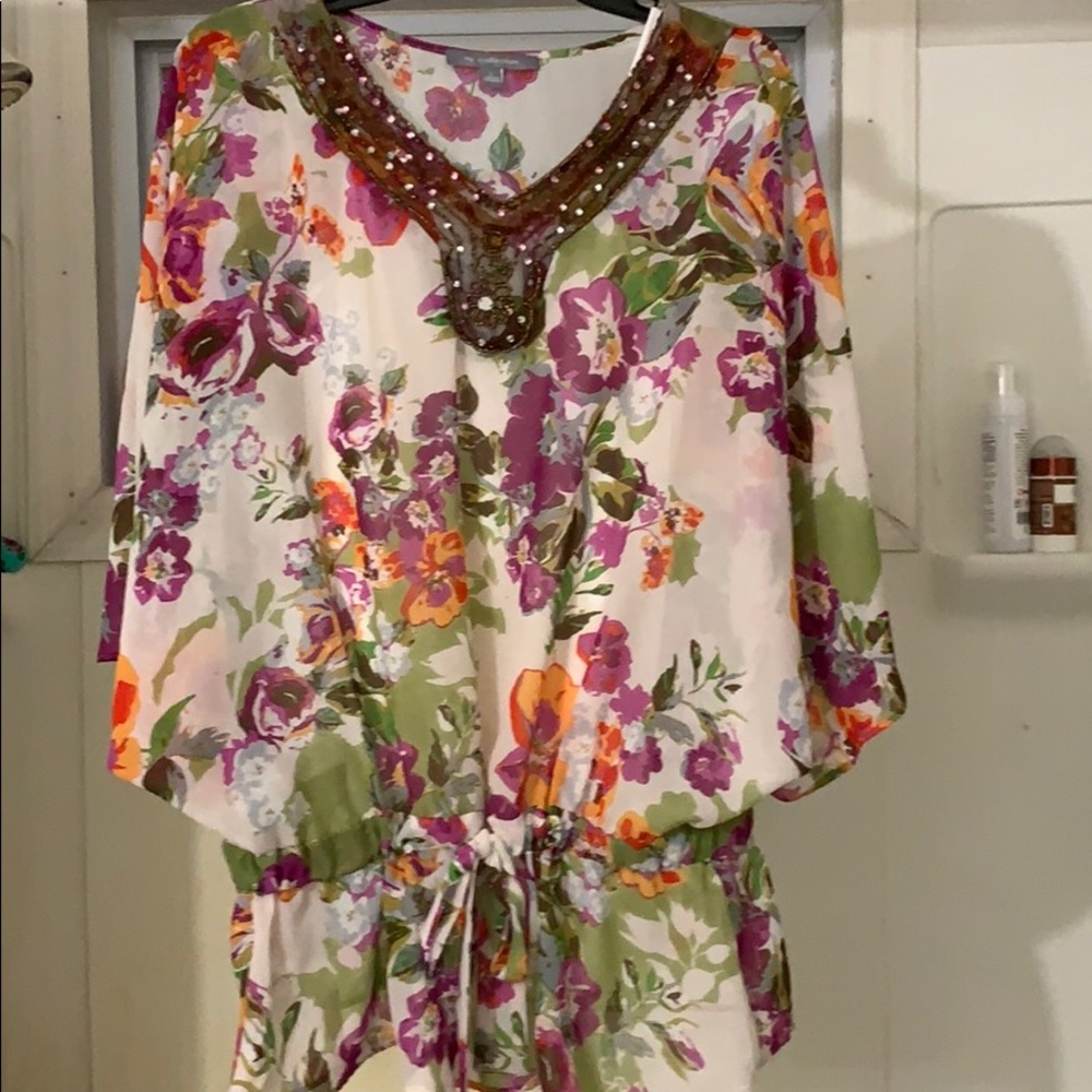 Butterfly sleeve beaded blouse with tie at waist